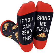 novelty pizza socks that say "if you can read this bring me pizza" on the bottoms