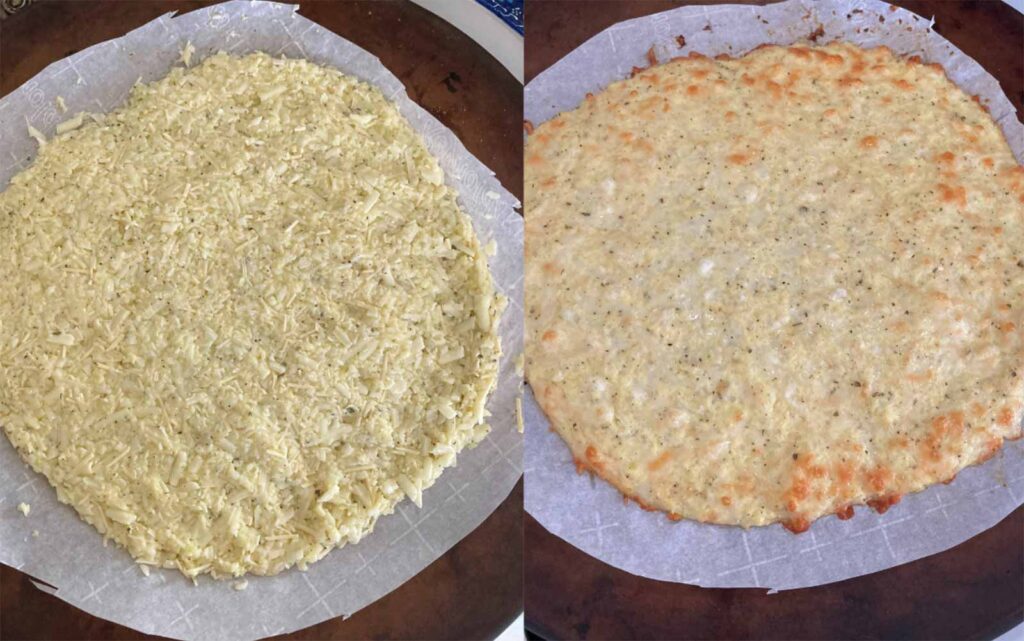 two rolled out homemade cauliflower pizza crusts