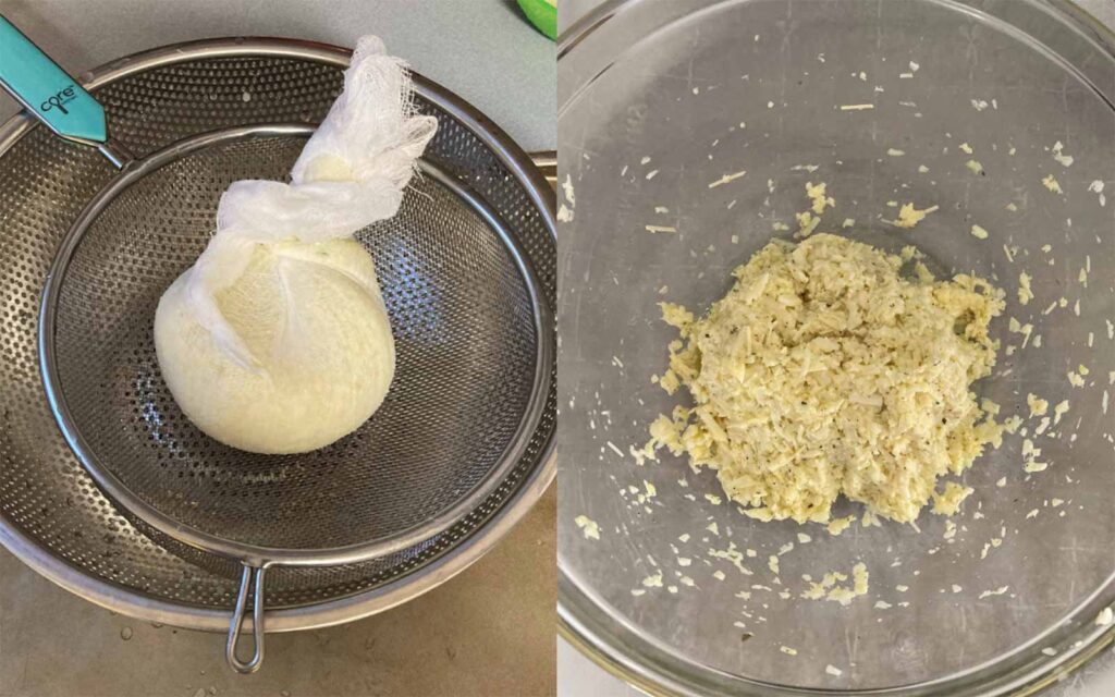 making homemade cauliflower pizza crust with a cheesecloth