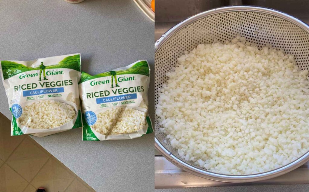 two bags of riced cauliflower and colander
