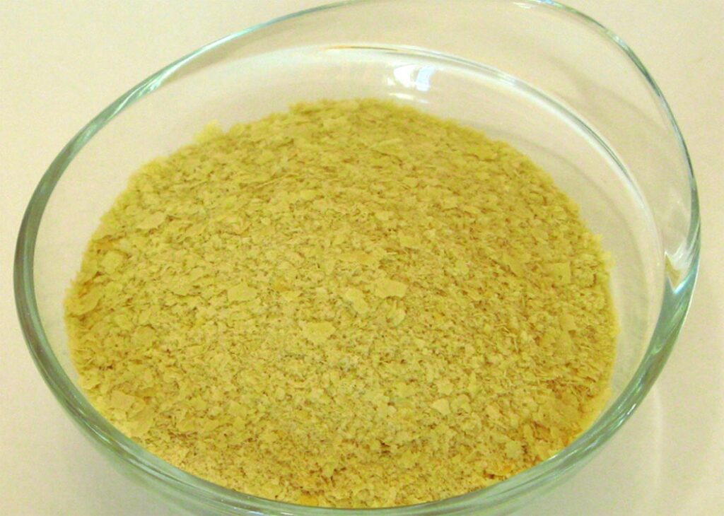 nutritional yeast on homemade pizza bowl of flakes