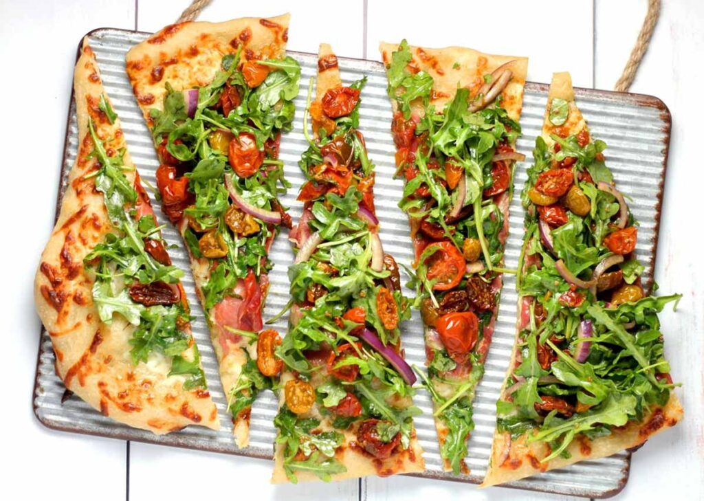 plant-based homemade vegan pizza in thin slices