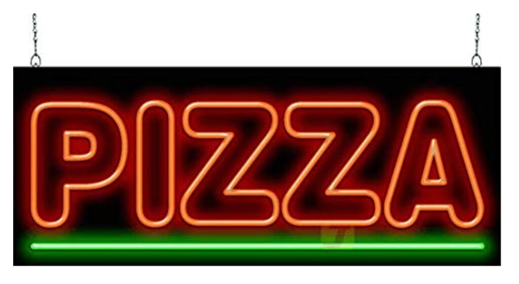 hanging neon pizza sign