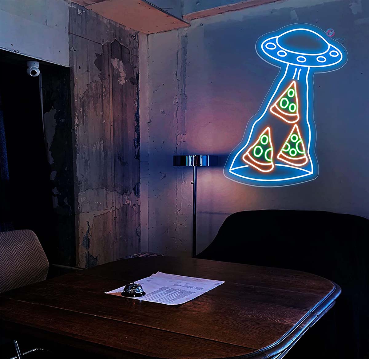 spaceship pizza slices sign blue