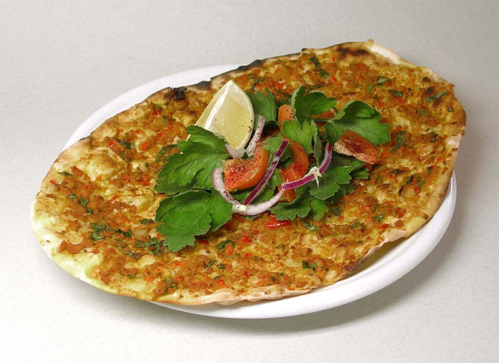 turkish lahmacun pizza with vegetables