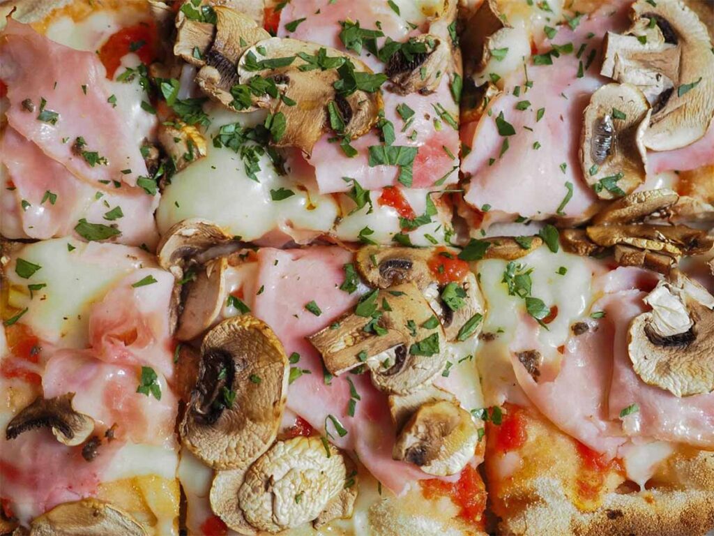 fresh mortadella pizza with mushrooms