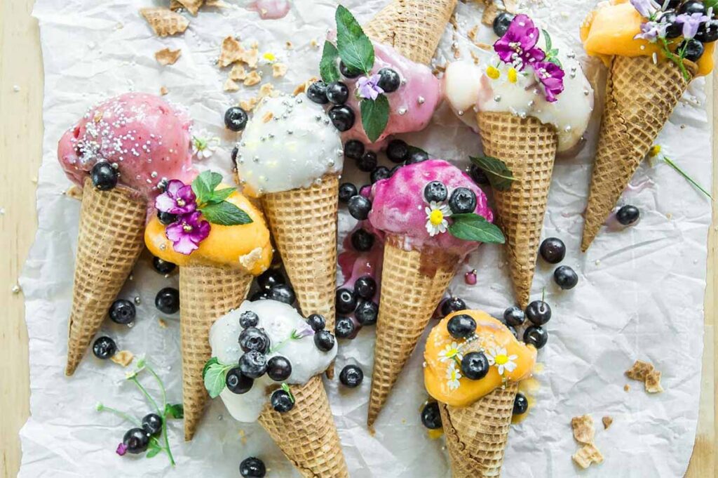 fruit and berry ice cream in cones to pair with homemade pizza