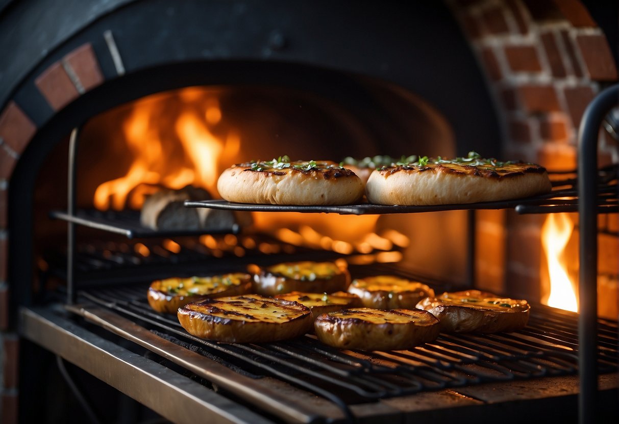Various dishes, like roasted vegetables, baked bread, and grilled meats, sizzle in the hot pizza oven. The oven's glowing embers provide the perfect cooking environment