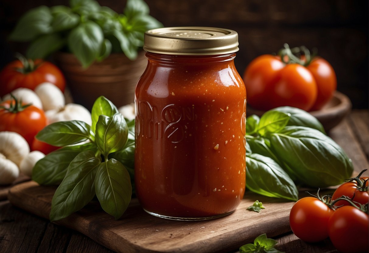 A jar of Ooni New York pizza sauce sits on a rustic wooden table, surrounded by fresh basil leaves and ripe tomatoes