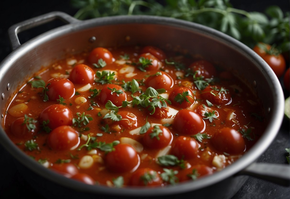 Tomatoes, garlic, and herbs simmer in a pot. A rich, aromatic sauce forms, ready to top a classic New York-style pizza