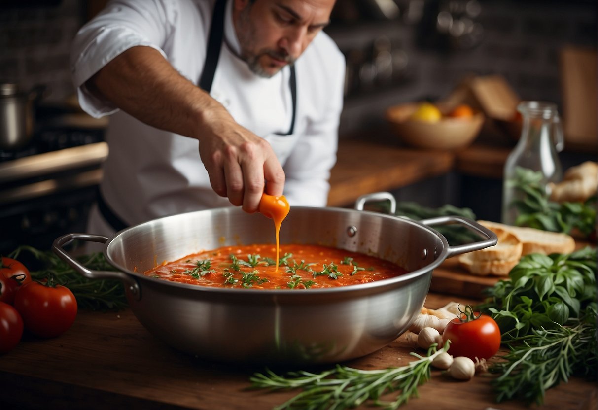 A chef pours Ooni New York pizza sauce from a jar into a mixing bowl, adding herbs and spices, stirring vigorously