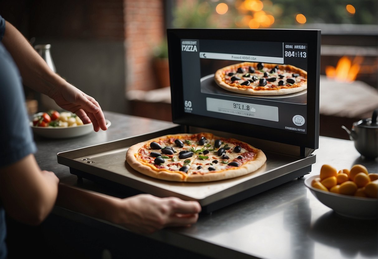 A hand placing an order online for a pizza oven, with a shipping address and total price displayed on the screen