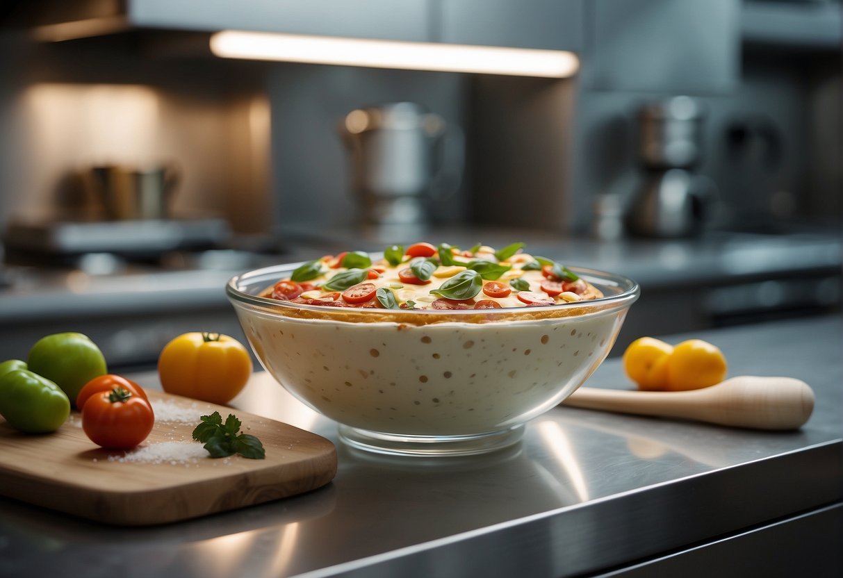 A clear glass bowl holding pizza dough sits on a stainless steel countertop, surrounded by ingredients and tools for cold fermentation
