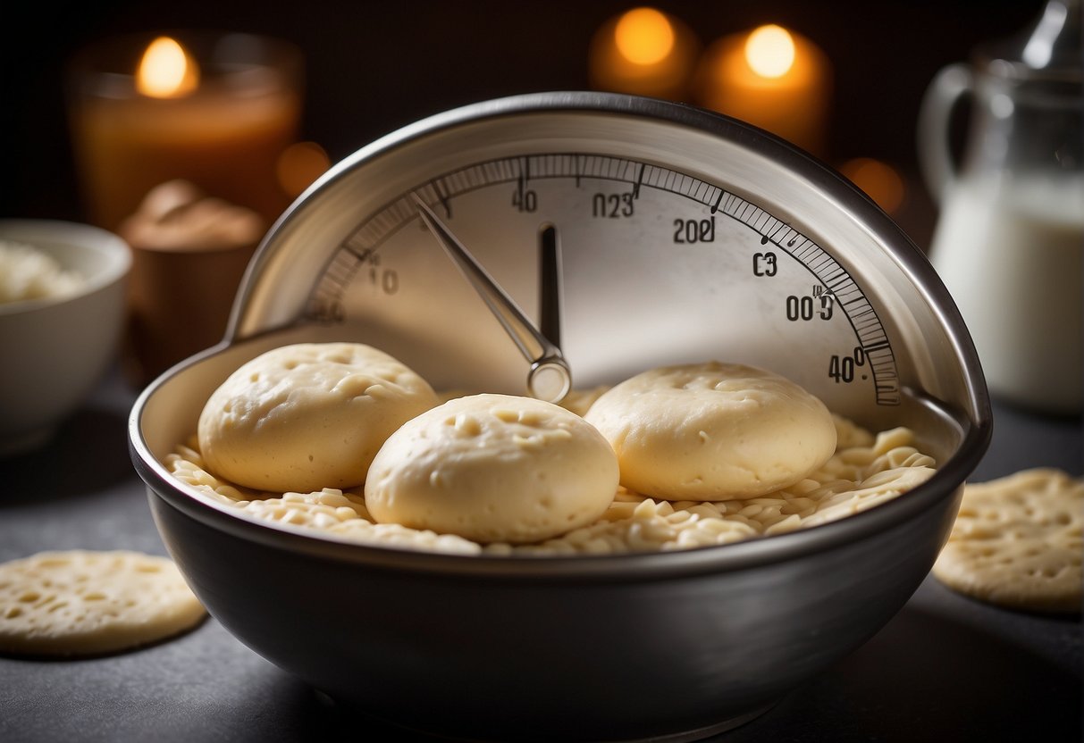 Dough sits in a covered bowl, rising slowly. A thermometer shows a cold temperature. A timer ticks in the background