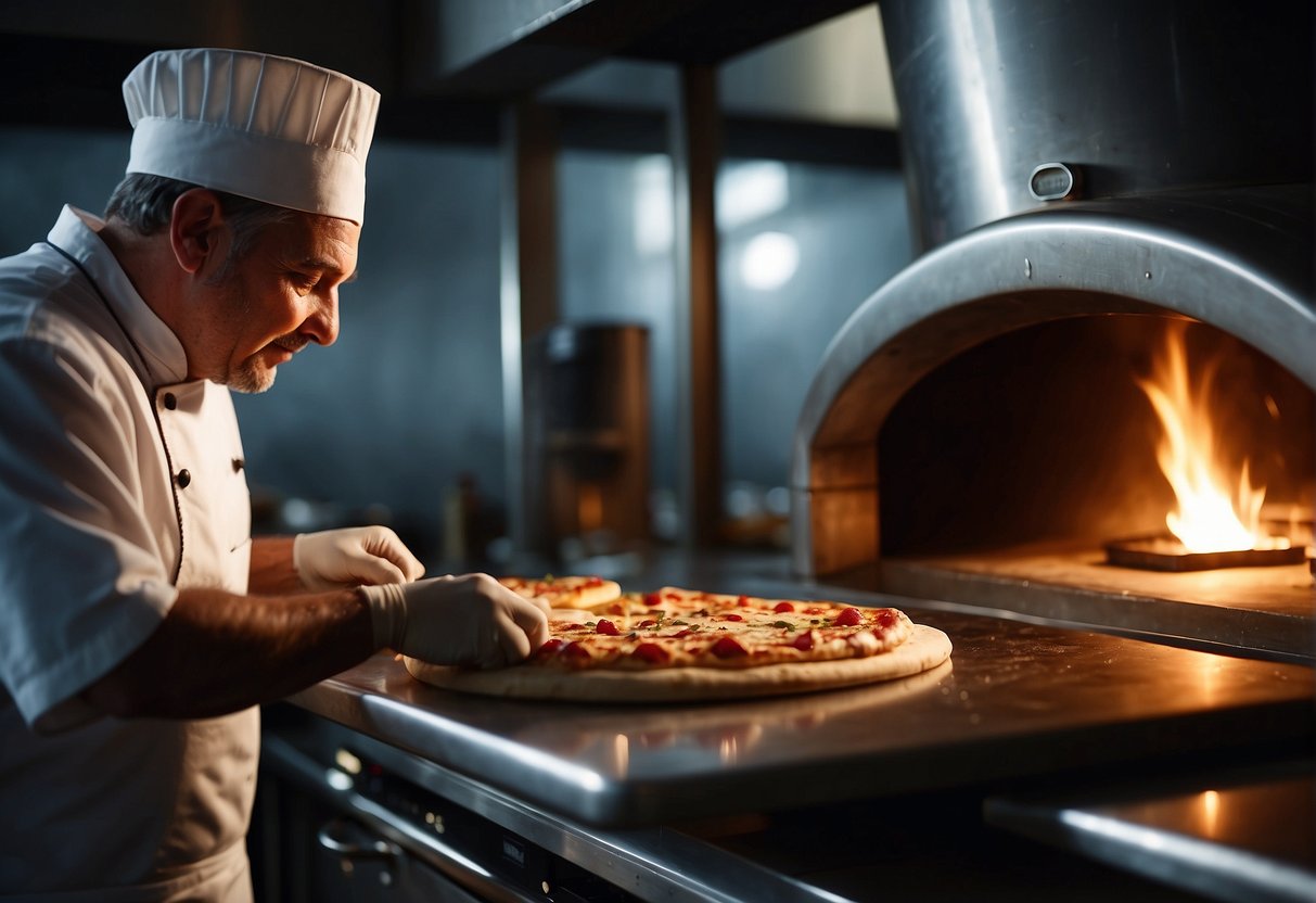 A pizza oven sits in a bustling kitchen, emitting a warm glow. A chef carefully adjusts the temperature and checks the timer, while the scent of freshly baked dough fills the air
