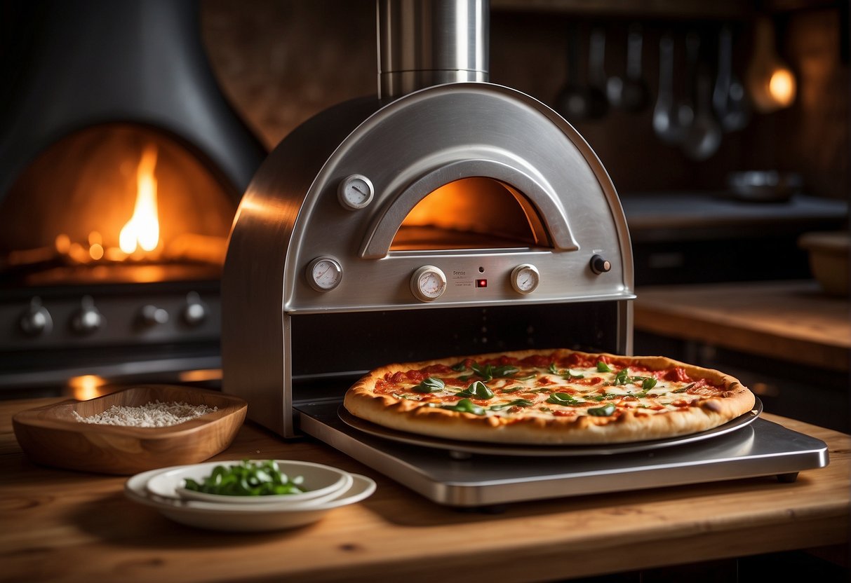 The Ooni pizza oven accessories are neatly arranged on a wooden table, including a pizza peel, cover, and thermometer. The warm glow of the oven illuminates the scene