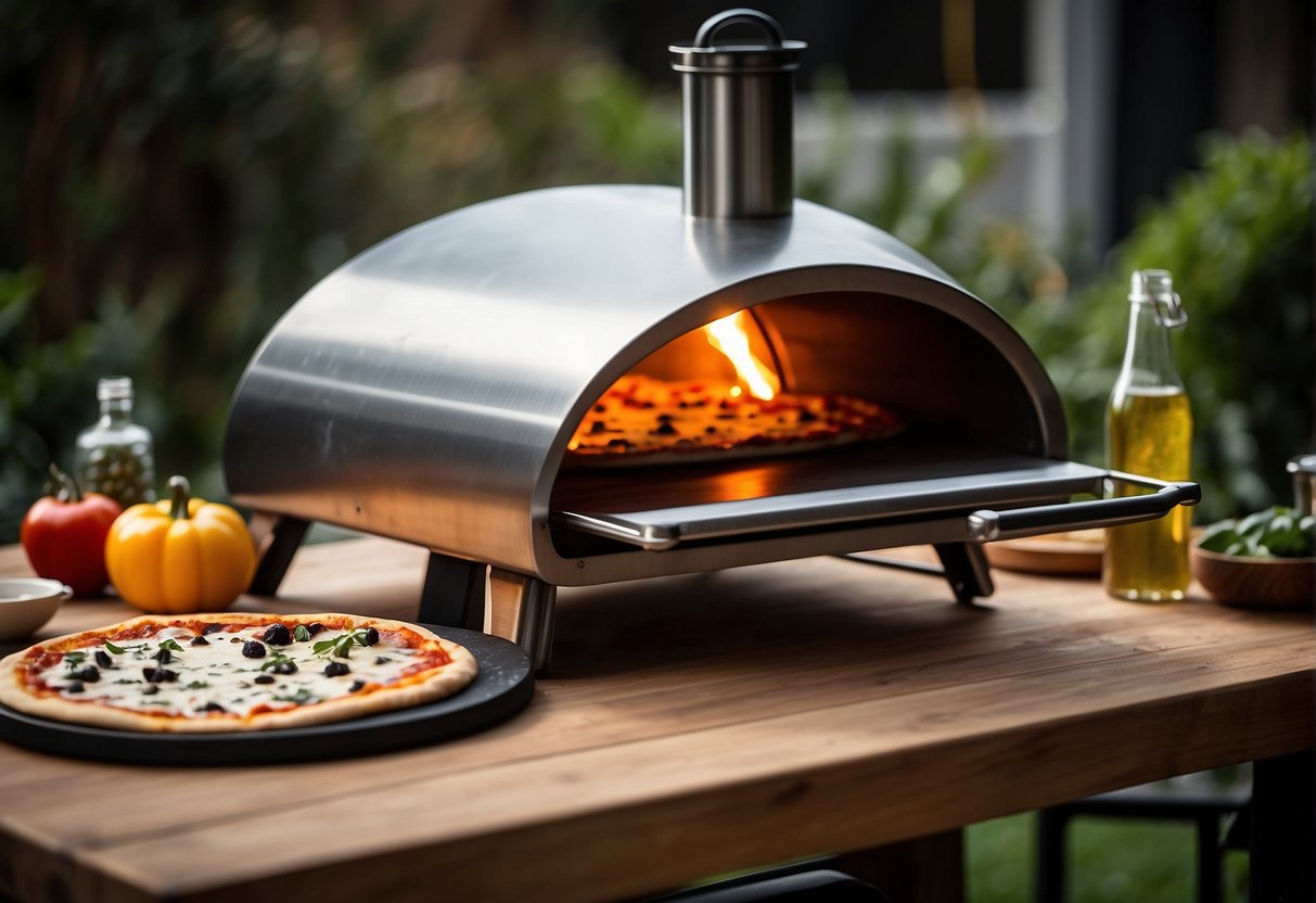 A table set with various ooni pizza oven accessories, including a pizza peel, cutter, and brush. A glowing ooni pizza oven in the background