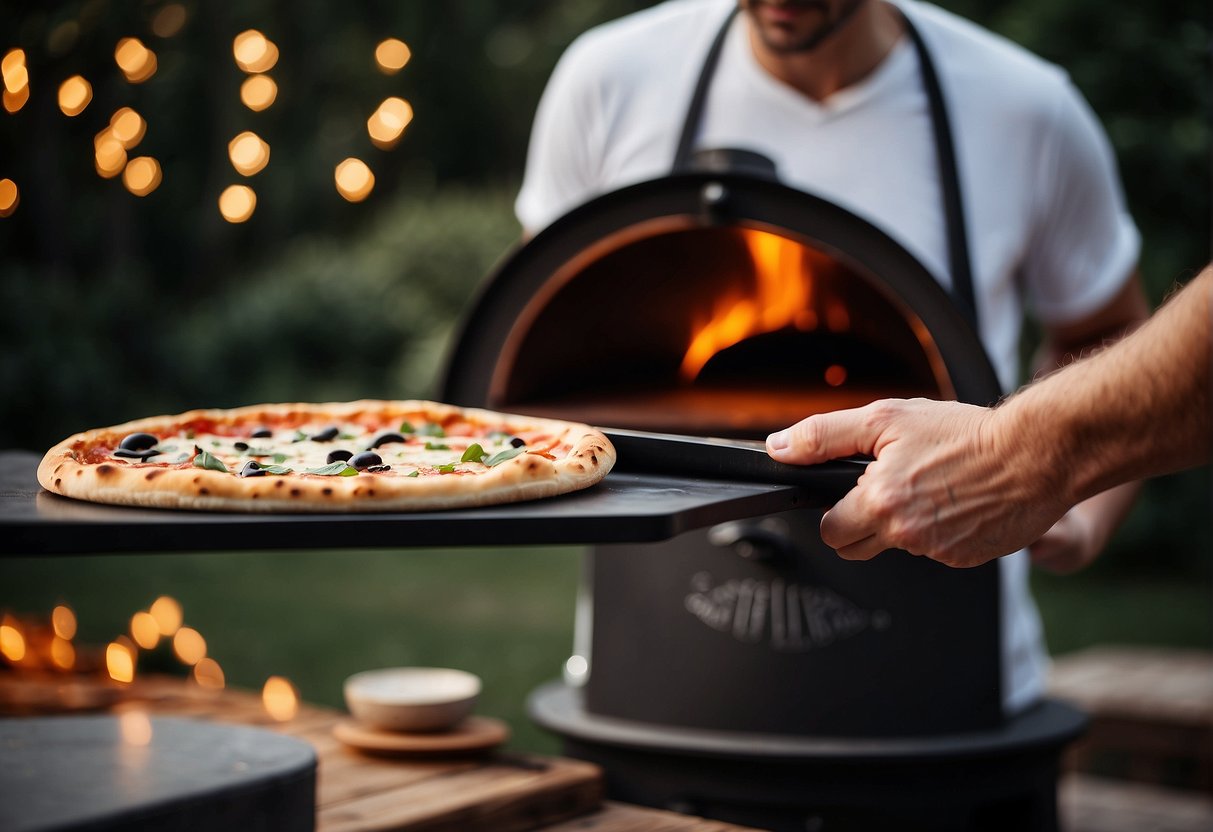 A hand reaches for a sleek, wooden pizza peel next to an Ooni pizza oven, showcasing the best accessories for a perfect pizza-making experience