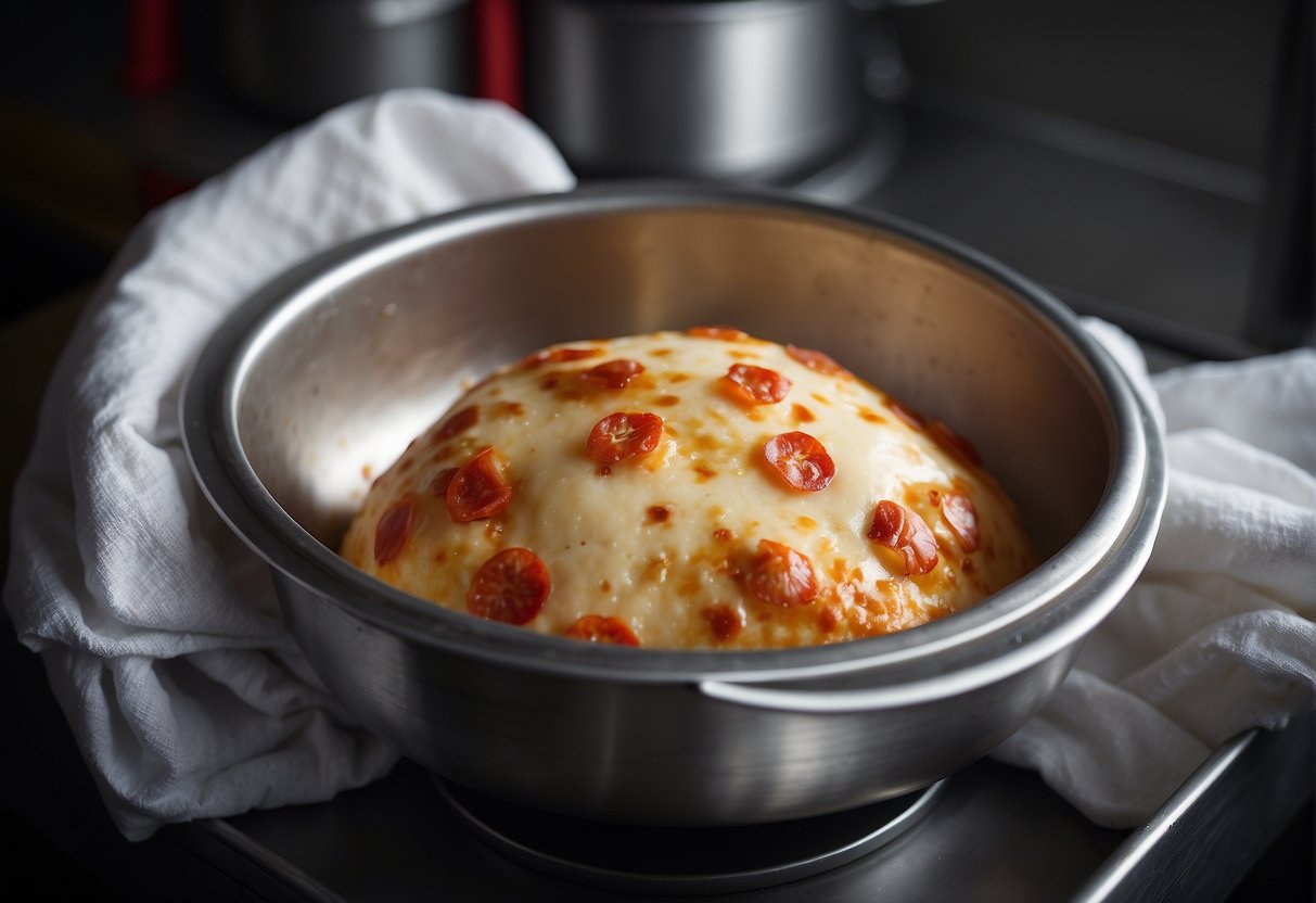 A ball of pizza dough sits in a stainless steel bowl, covered with a cloth, as it undergoes cold fermentation