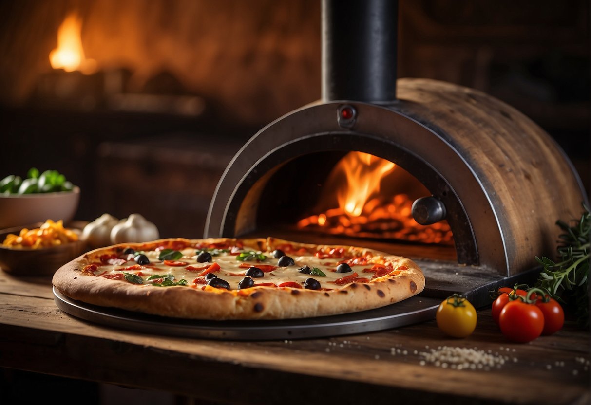 A pizza oven sits atop a rustic wooden table, surrounded by colorful ingredients and a stack of firewood. The warm glow of the oven's interior hints at the delicious pizzas it will bake
