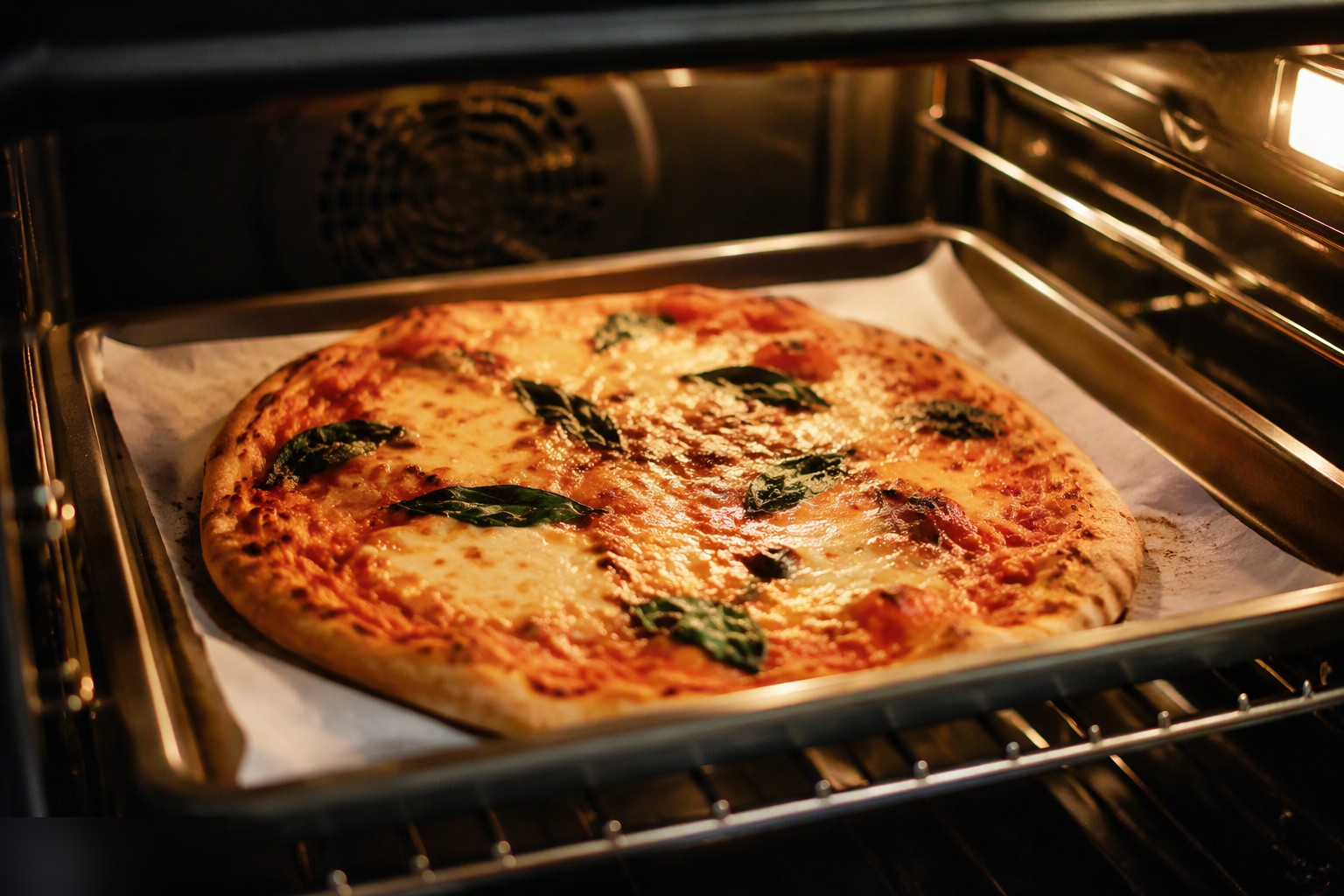 Golden baked pizza on parchment paper lining a sheet pan inside a home oven