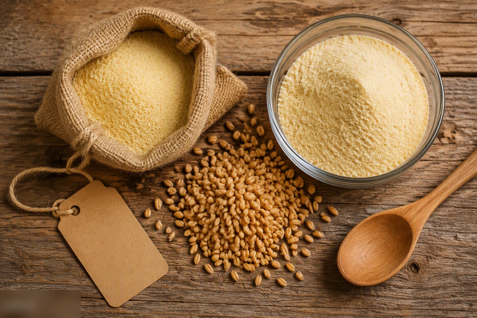 Golden semolina flour in a burlap sack and glass bowl beside durum wheat grains on a wooden table