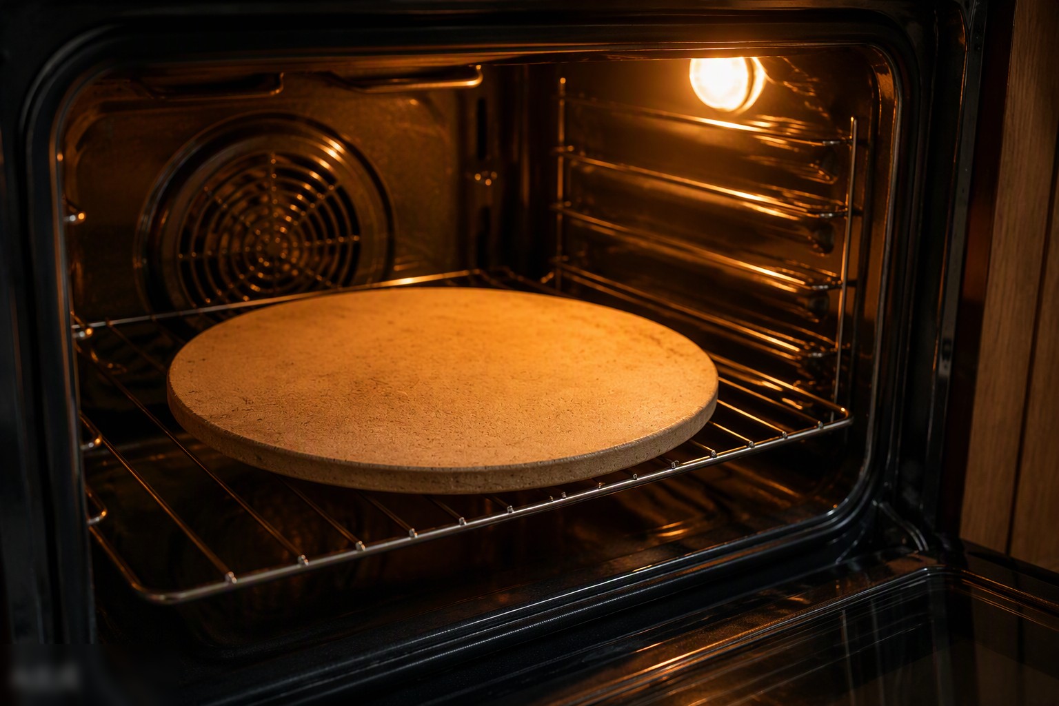 Round pizza stone preheating on the middle rack of a glowing home oven