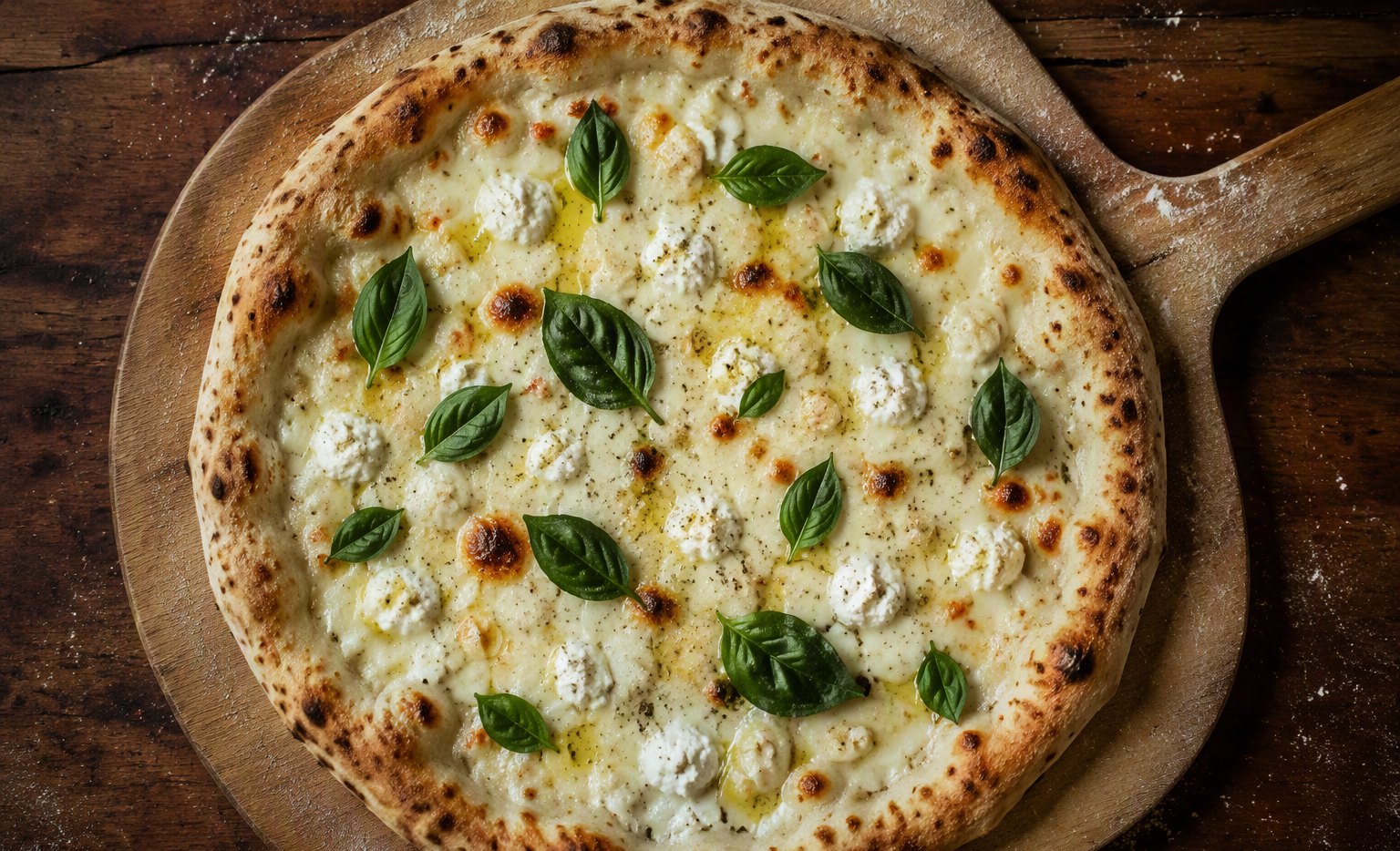 Whole homemade white pizza with melted mozzarella, ricotta dollops, fresh basil, and garlic olive oil on a wooden peel